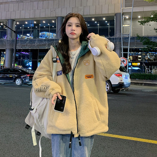 2025新款冬季加绒加厚羊羔毛外套女初中高中学生宽松韩系温柔棉衣