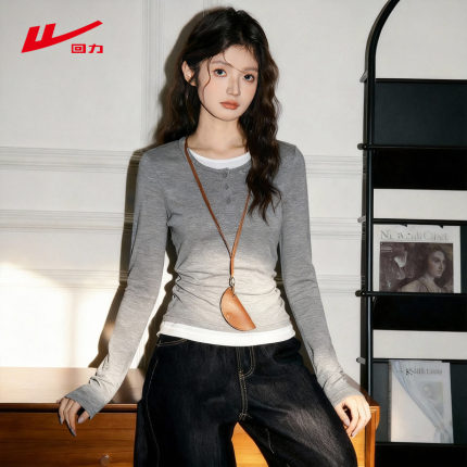 ZH回力拼色圆领长袖t恤女春秋季修身打底衫2026年新款内搭上衣