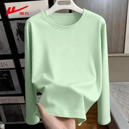 ZH回力纯棉正肩长袖T恤女2026春秋新款韩版薄荷绿宽松百搭上衣