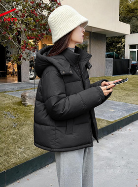 回力黑色连帽保暖棉服女款2025新款韩系超好看冬装厚外套夹棉棉袄