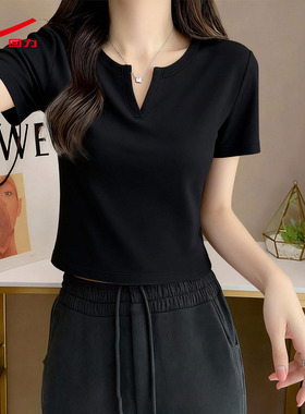 ZH回力短袖t恤女2026新款夏季小V领褶皱短款纯欲修身显瘦上衣服