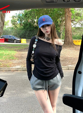 ZH回力女款一字领长袖2026新款温柔风露肩修身显瘦百搭长袖衣女