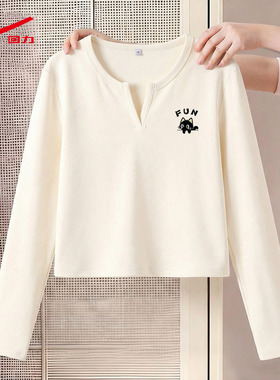 ZH回力V领长袖T恤女2026年新款杏温柔修身百搭日常内搭打底衫女