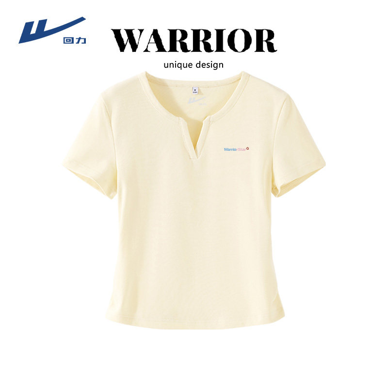 回力鹅黄色小v领辣妹紧身短袖t恤女夏季新款休闲正肩短款上衣女DD