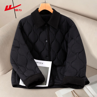 回力撞色翻领棉服女2025新款