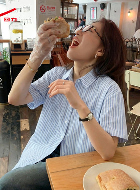 ZH回力女款条纹短袖衬衫2026新款蓝条纹好看百搭清新显瘦上衣女