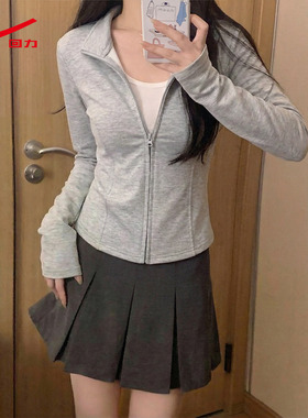 ZH回力灰色长袖t恤女春秋2026新款设计感显瘦内搭短款开衫上衣