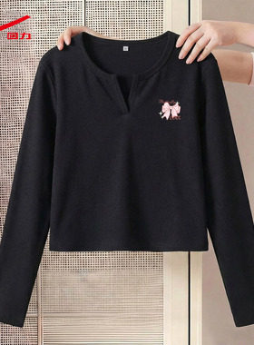 ZH回力V领长袖T恤女2026年新款黑显瘦显白百搭通勤内搭打底上衣