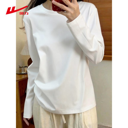 ZH回力长袖t恤女2026新款春秋白色纯棉圆领宽松休闲百搭上衣服