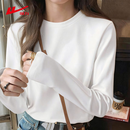 ZH回力纯棉长袖T恤女2026春新款基础款百搭白色打底衫宽松上衣