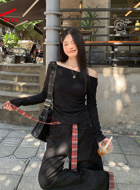 ZH回力女款一字领长袖2026新款黑色气质好看百搭露肩修身上衣女