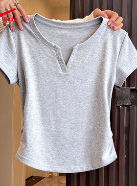 ZH回力V领正肩t恤女2026新款夏季设计感上衣休闲显瘦百搭短袖女