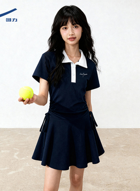 回力藏蓝色polo领连衣裙女2026新款爆款春夏抽褶显瘦撞色短裙子DD