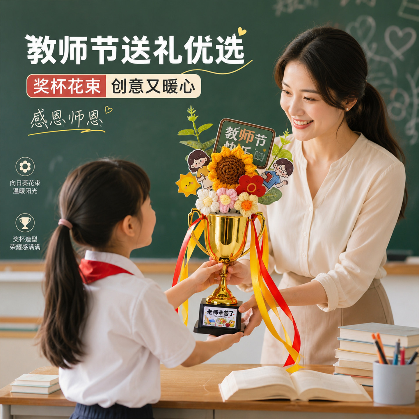 教师节礼物送老师针织花束奖杯图片