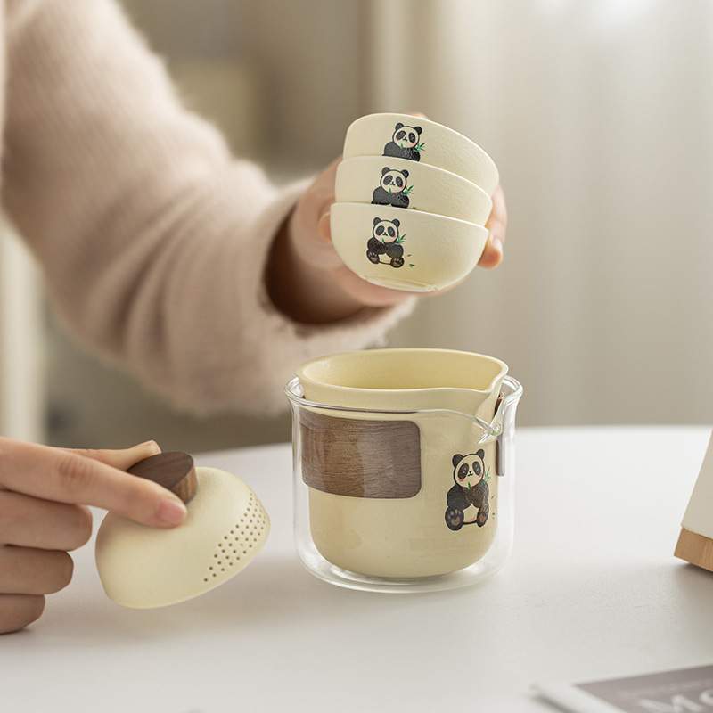 奶油风便携式熊猫茶具套装旅行茶具泡茶壶快客杯户外露营喝茶装备