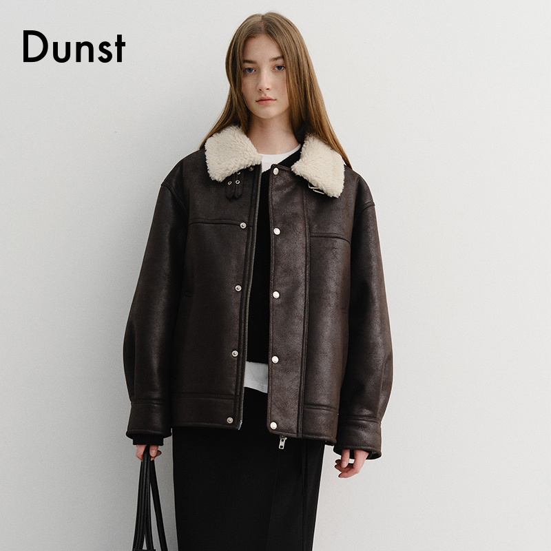 Dunst2025冬季新品复古时尚中性皮毛一体半长夹克外套UDJU5D129