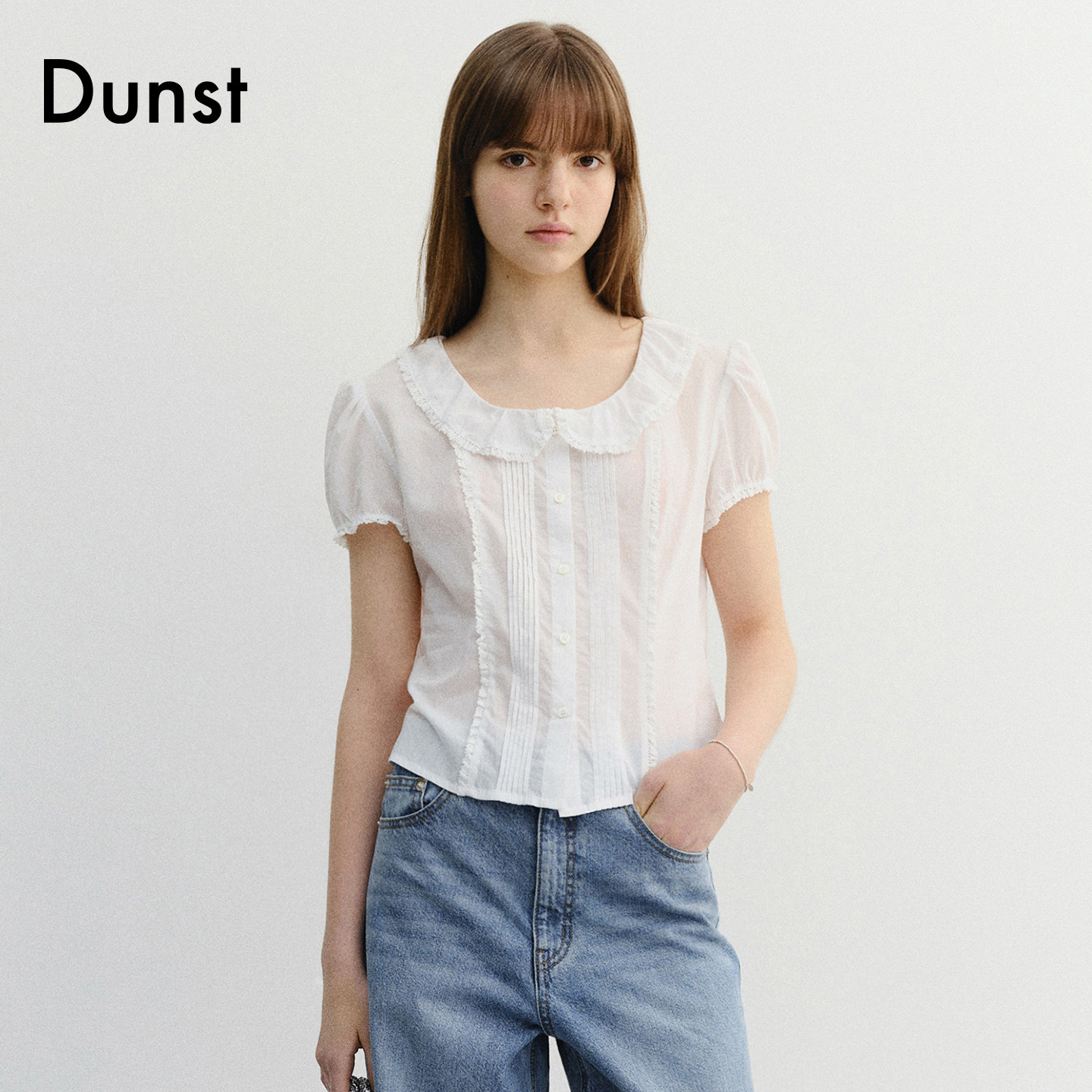 Dunst2026夏季新品女士浪漫蕾丝细节荷叶边领短袖衬衫UDBL6B223