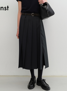 Dunst女士高雅利落廓形半身裙时尚褶裥装饰长裙百褶裙UDSK5C202