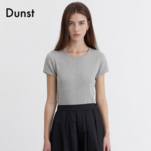 Dunst夏季款女士基础款简约纯色刺绣修身麻花纹圆领上衣UDTS5B224