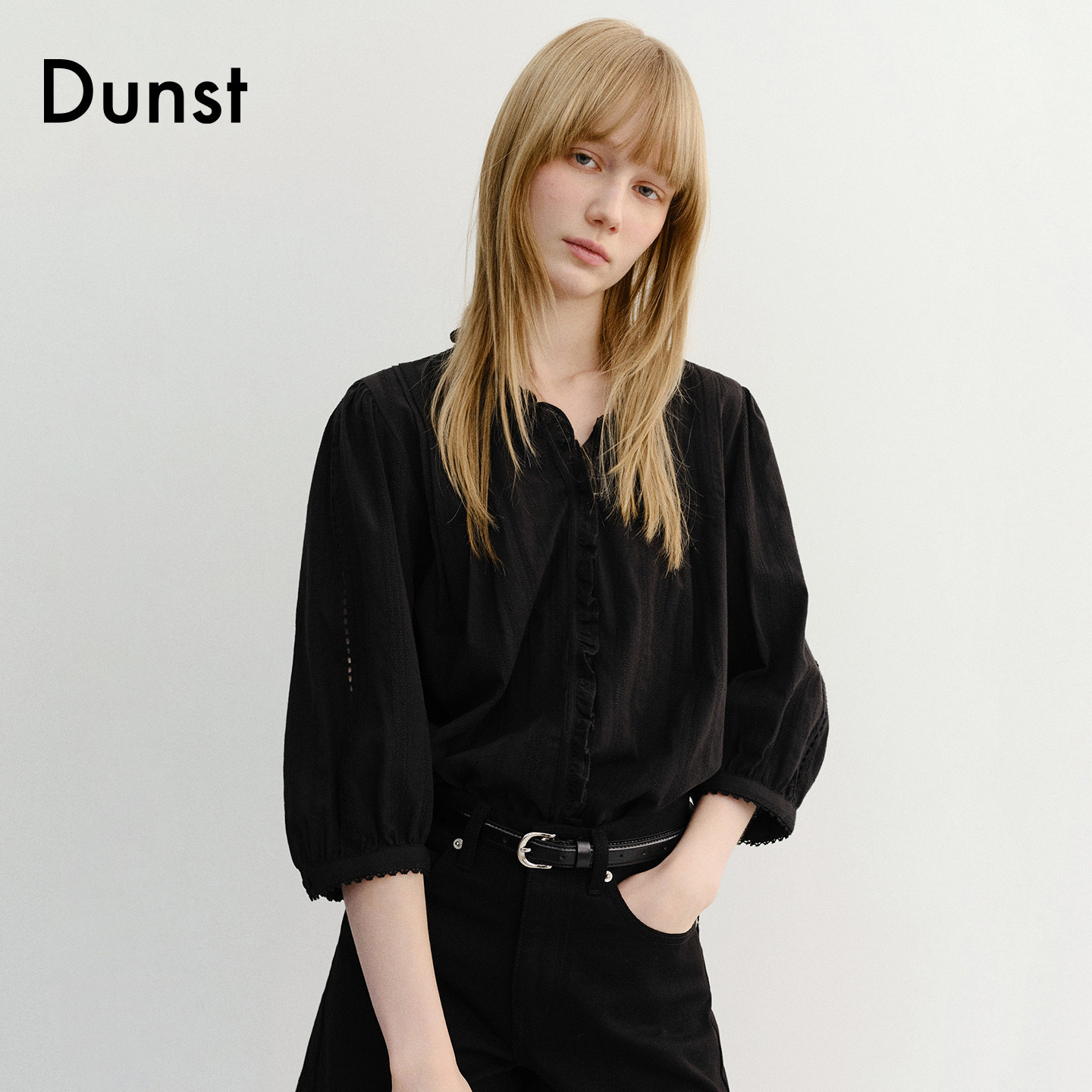 Dunst【智柚zeee.u同款】26夏女褶皱蕾丝V领泡泡袖衬衫UDBL6B222