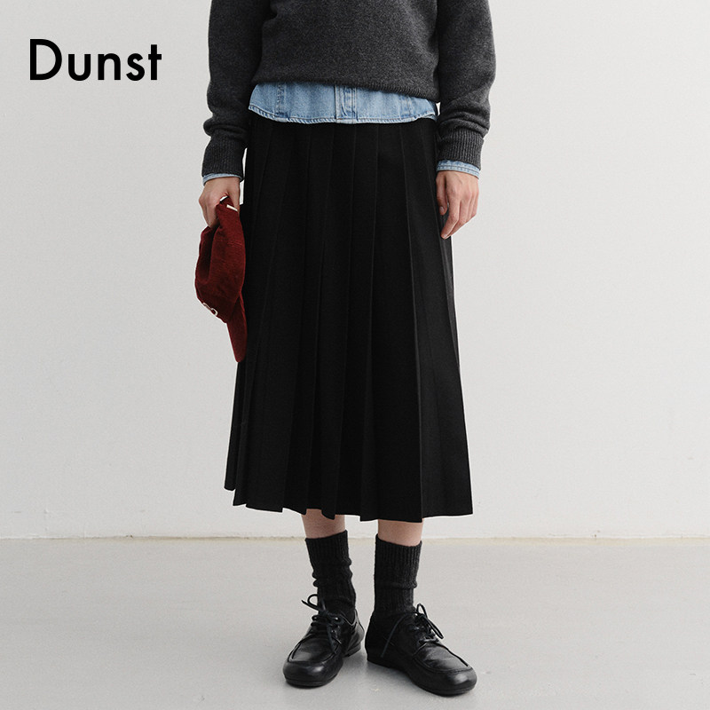 Dunst2025冬季新品女士半身裙简约干练褶裥装饰长裙UDSK5D221