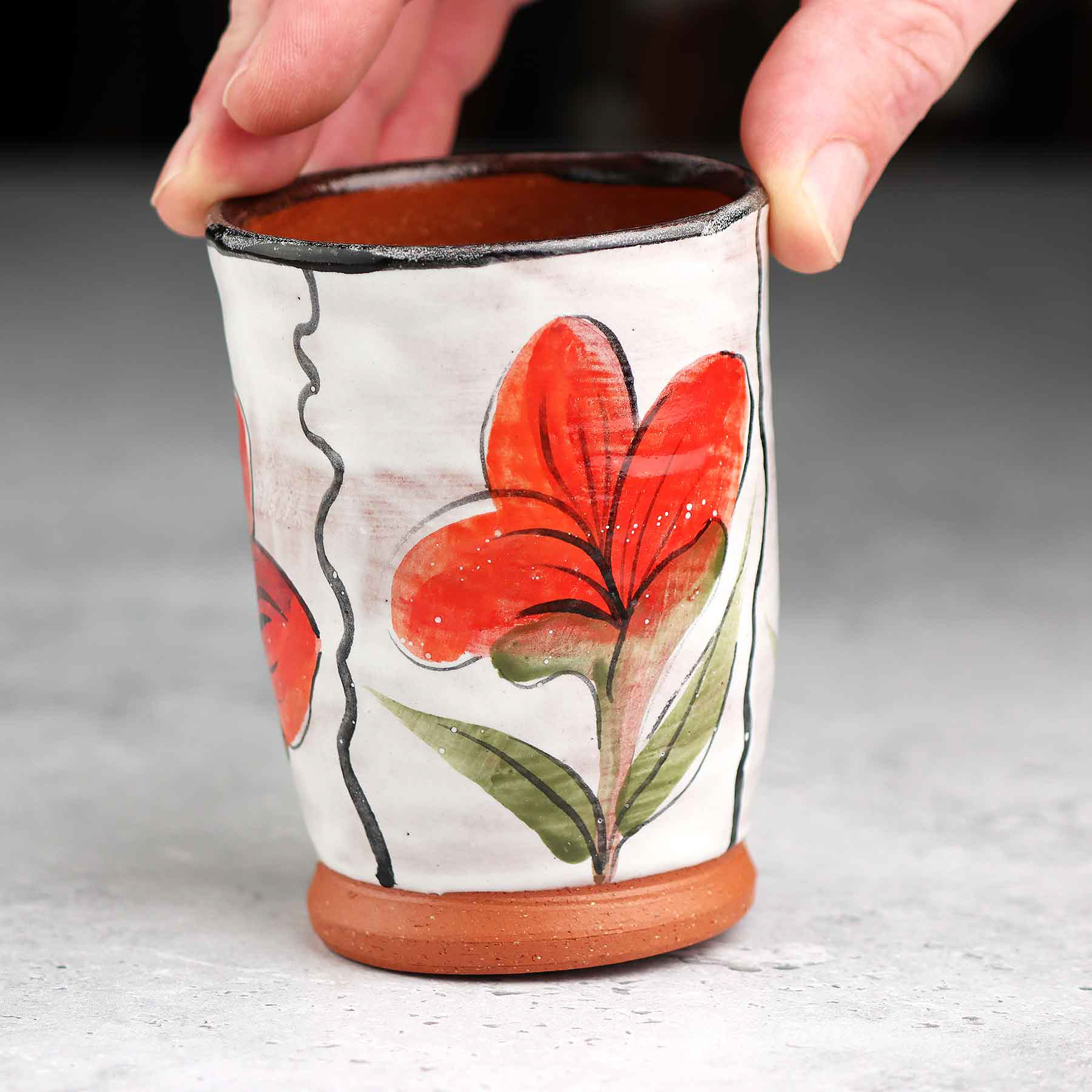 史奈恩 手绘花卉陶瓷马克杯文艺风红花白底咖啡杯小众原创杯子