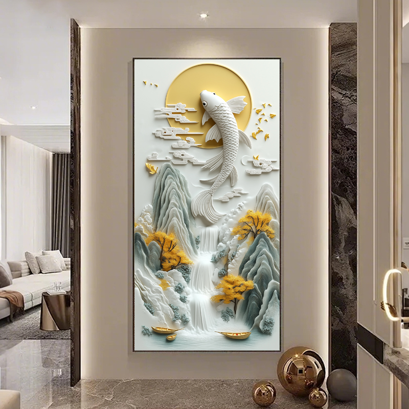 新中式玄关装饰画高档镶钻带灯过道挂画走廊立体感壁画楼梯间墙画图片