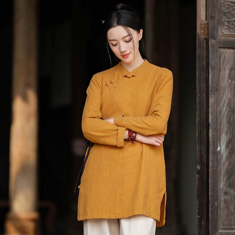 新中式上衣女2024新款复古斜襟盘扣禅修服国风唐装居式服长袖茶服