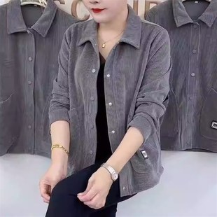 polo领双兜衬衫 中年妈妈装 时尚 高档灯芯绒外套2025秋装 上衣女 新款