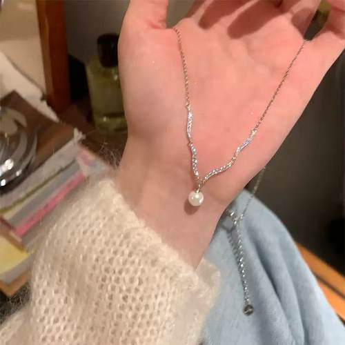 轻奢小众气质闪锆波浪吊坠锁骨链