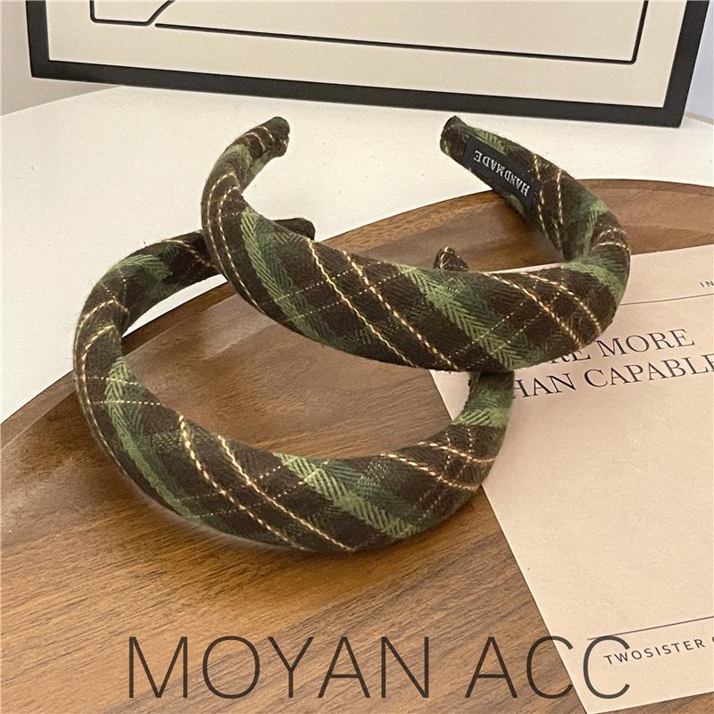 复古绿格纹发箍秋冬百搭气质发箍