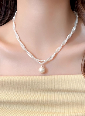 法式双层麻花珠珠吊坠精致颈链女