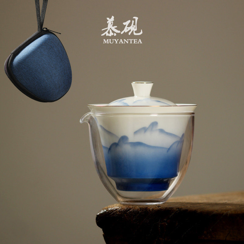 慕砚 旅行茶具套装 景德镇手绘一壶三杯陶瓷盖碗带便携包快客盖杯