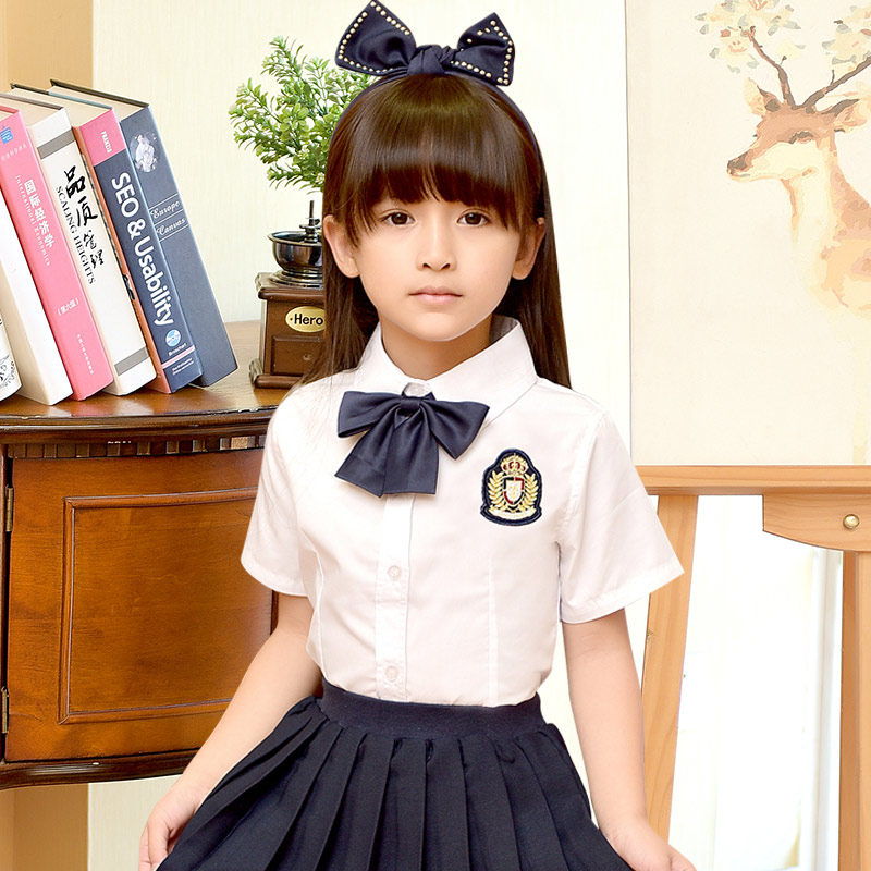夏季翻领女童短袖小学生校服衬衫白色女大童装学院风班服园服衬衣