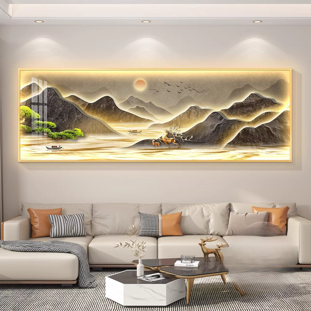 旭日东升山水画客厅LED灯光画高端装饰画沙发背景墙壁灯新款挂画,家居饰品,氛围画/灯画,淘宝优惠券,粉丝福利购,淘宝优惠卷