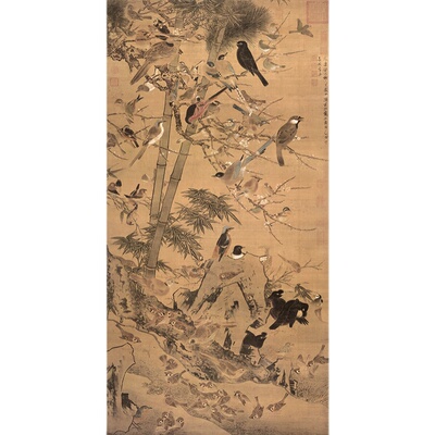 明边景昭三友百禽图高清微喷明代花鸟画临摹底稿画稿工笔花鸟画心