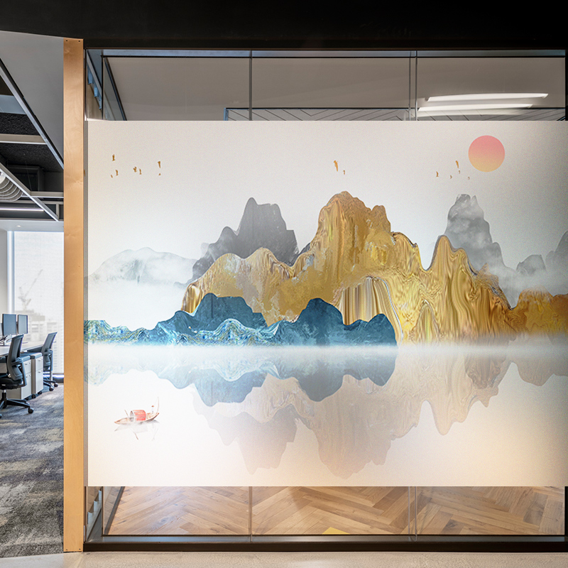 新中式大气中国风山水画艺术办公室静电磨砂玻璃贴纸隔断装饰定制