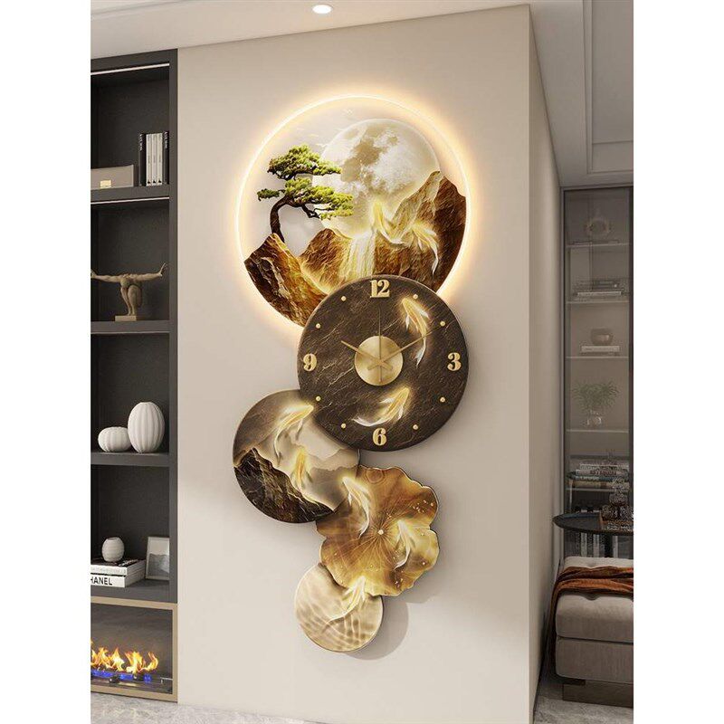 九鱼图带钟表挂钟玄关装饰画日照金山客厅背景墙挂画时钟流水生财