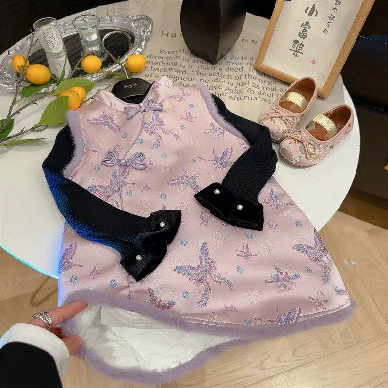 2025洋气女童中式连衣裙冬季新款女宝洋气时尚提花旗袍夹棉背心裙