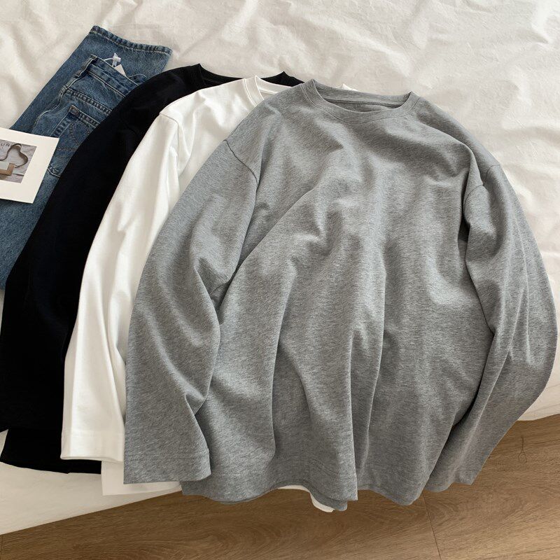 春秋季纯棉白色长袖t恤女圆领时尚洋气宽松打底衫内搭中长款上衣