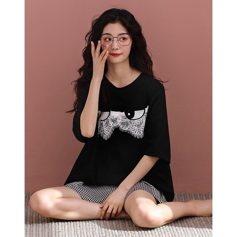 少女睡衣夏季款纯棉短袖短裤可爱宽松套头家居服夏天薄款黑色套装