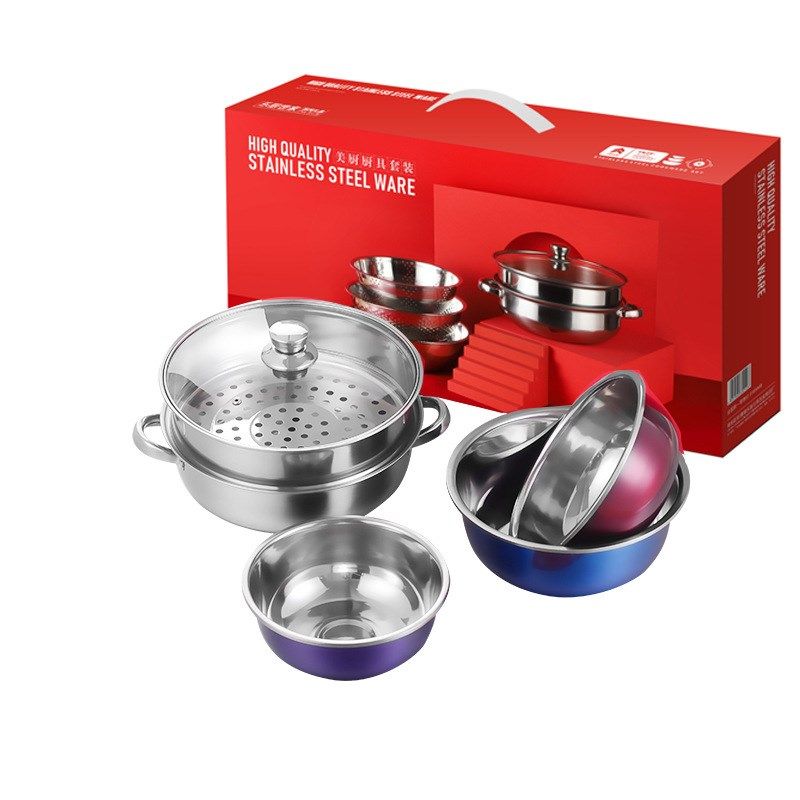 加厚不锈钢蒸锅彩色盆组合套装 厨房实用礼品锅具套装汤蒸锅