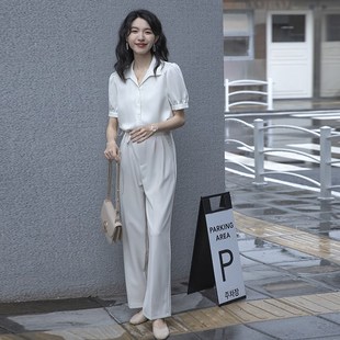 法式高级感上衣V领白色短袖衬衫女夏季新款翻领雪纺衫小个子衬衣