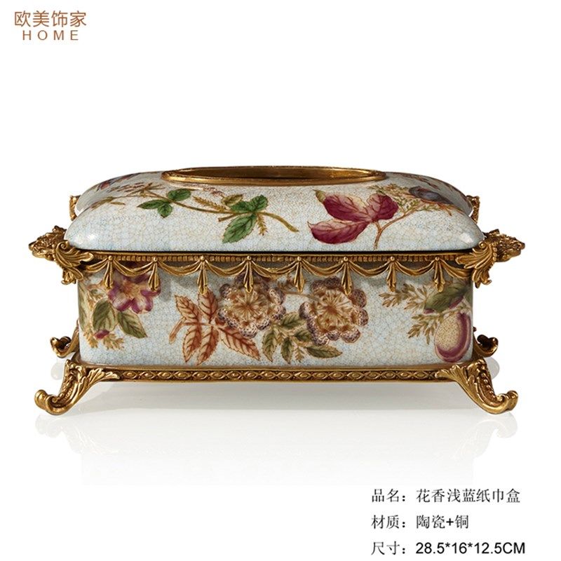 欧式美式纸巾盒陶瓷配铜古典客厅摆件瓷配铜双耳花盆花鸟烛台果盘