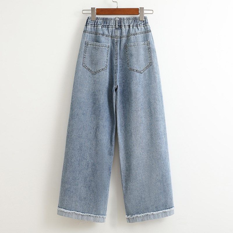 大码松紧腰阔腿牛仔裤女早秋季胖mm高腰宽松显瘦小个子九分直筒裤
