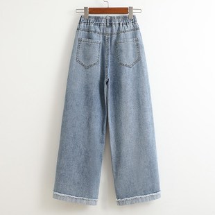 大码松紧腰阔腿牛仔裤女早秋季胖mm高腰宽松显瘦小个子九分直筒裤