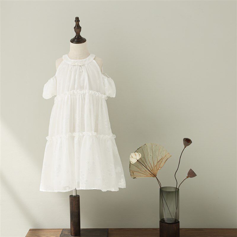 女童公主雪纺连衣裙2024夏季儿童中大童小清新漏肩挂脖白色公主裙