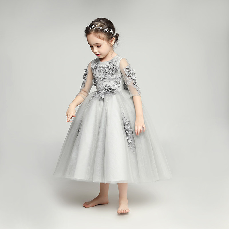 花童礼服儿童公主裙女童长袖蓬蓬婚纱小主持人走秀钢琴晚礼服洋气