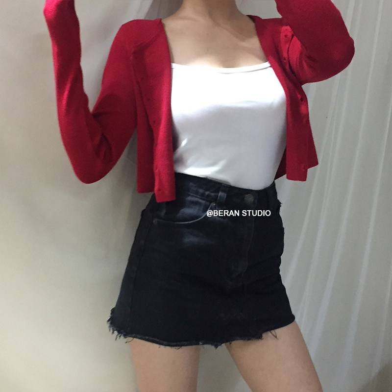 BERAN 复古可爱圆领单排扣圆领高腰短款露脐长袖针织衫开衫上衣