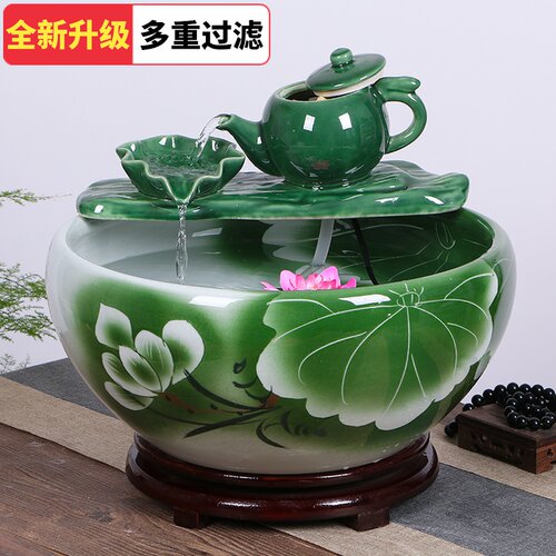 景德镇陶瓷鱼缸流水喷泉家用小金鱼缸手绘乌龟养鱼盆加湿装饰造景